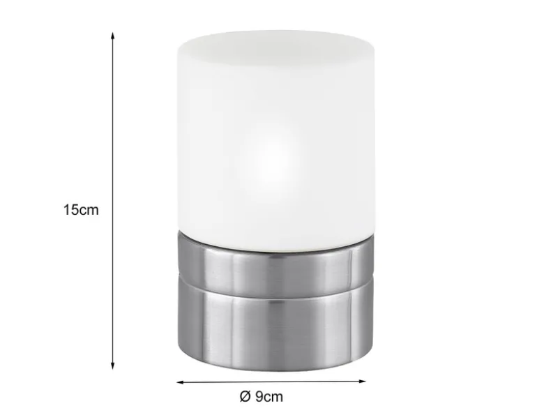 Kleine LED Tischleuchte per touch dimmbar, Silber mit Glasschirm, Höhe 15cm