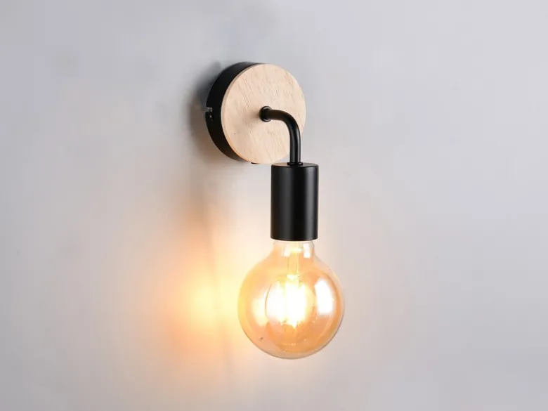 Kleine LED Wandleuchte Metall in Schwarz mit Holz, Höhe 15,5cm