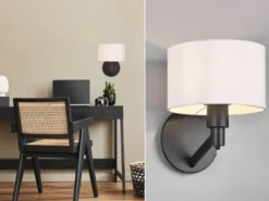 Kleine LED Wandleuchte Schwarz matt mit Schalter & Stoffschirm Weiß