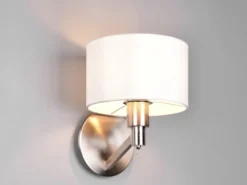 Kleine LED Wandleuchte Silber matt mit Schalter & Stoffschirm Weiß