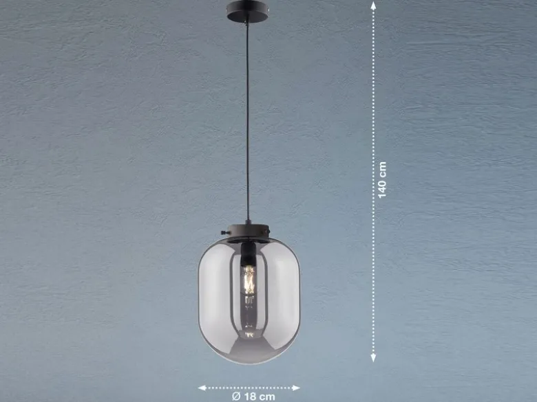 Kleine Pendelleuchte REGI 1-flammig Glaskugel aus Rauchglas, Ø 18cm