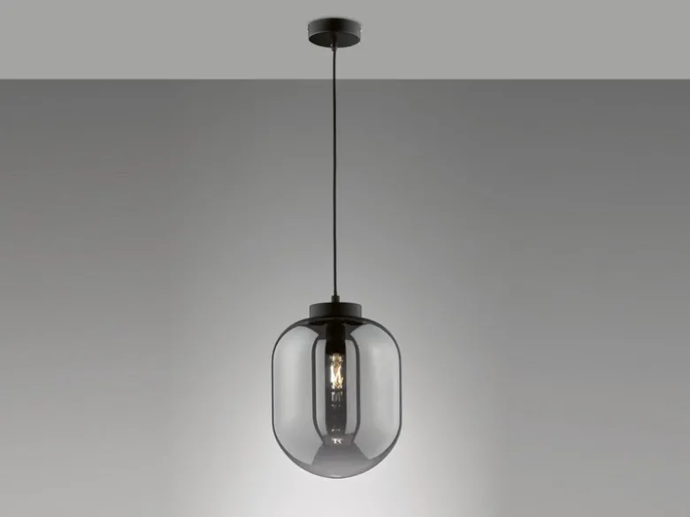Kleine Pendelleuchte REGI 1-flammig Glaskugel aus Rauchglas, Ø 24cm