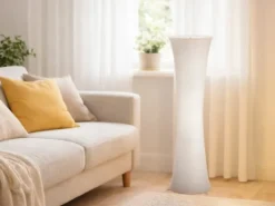 Kleine Stehlampe GRAVIS Lichtsäule rund aus Stoff in Weiß, Höhe 123cm