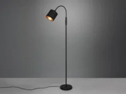 Kleine Stehlampe TOMMY mit Flexarm & Stoffschirm Schwarz Gold, Höhe 130cm