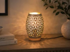 Kleine Tischleuchte BIDAR in Coffee mit ausgefallenem Stanzmuster, H: 21cm