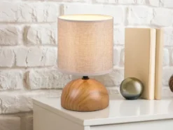 Kleine Tischleuchte LUCI mit Keramikfuß Holzoptik & Stoffschirm, Höhe 23cm