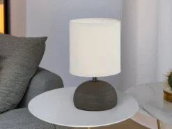 Kleine Tischleuchte LUCI mit Keramikfuß Braun & Stoffschirm, Höhe 23cm