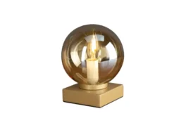 Kleine Tischleuchte PLUTO Messing Sockel - Glaskugel Amber, Höhe 17,5cm