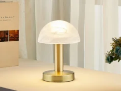 Kleine Touch Tischlampe FYNN II Messing & E14 Glasschirm Weiß, Höhe 21cm