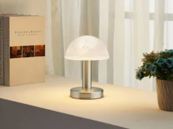 Kleine Touch Tischlampe FYNN II Silber & E14 Glasschirm Weiß, Höhe 21cm