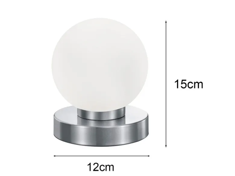 Kleine Touch Tischlampe PRINZ II Silber mit Glas Kugel Weiß, Höhe 15cm