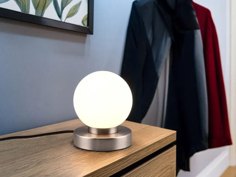 Kleine Touch Tischlampe PRINZ II Silber mit Glas Kugel Weiß, Höhe 15cm