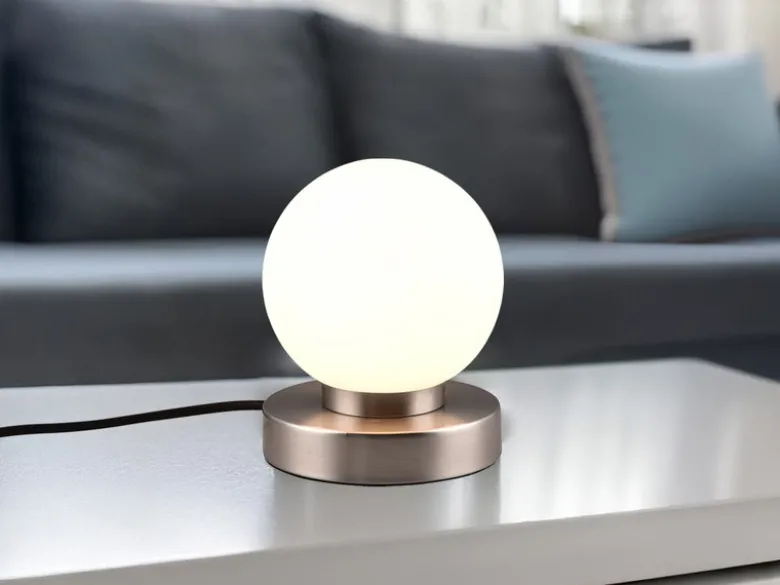 Kleine Touch Tischlampe PRINZ II Silber mit Glas Kugel Weiß, Höhe 15cm
