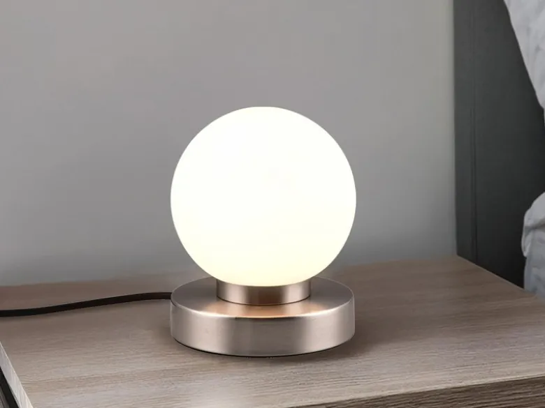 Kleine Touch Tischlampe PRINZ II Silber mit Glas Kugel Weiß, Höhe 15cm