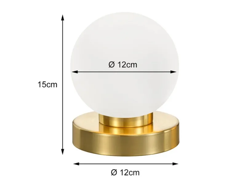 Kleine Touch Tischlampe PRINZ II Messing mit Glas Kugel Weiß, Höhe 15cm