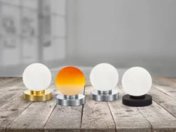 Kleine Touch Tischlampe PRINZ II Messing mit Glas Kugel Weiß, Höhe 15cm