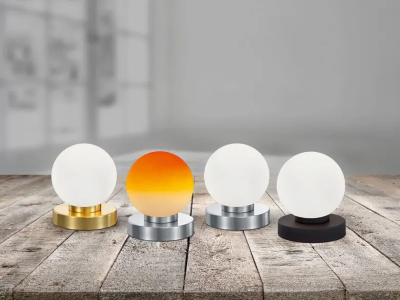 Kleine Touch Tischlampe PRINZ II Silber mit Glas Kugel Orange, Höhe 15cm