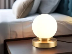 Kleine Touch Tischleuchte Messing mit Glas Kugel Weiß & E14 LED, Höhe 15cm