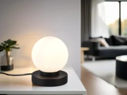 Kleine Touch Tischleuchte Schwarz mit Glas Kugel Weiß & E14 LED, Höhe 15cm