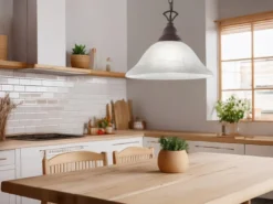 Landhaus LED Pendelleuchte in Rostoptik mit Glasschirm Weiß, Ø 33,5cm