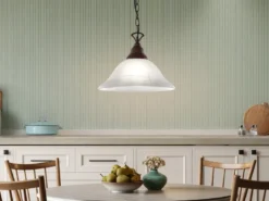 Landhaus LED Pendelleuchte in Rostoptik mit Glasschirm Weiß, Ø 33,5cm