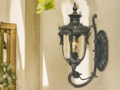 LED Außenwandlaterne im Jugendstil mit Amberglas, stehend Höhe 43cm