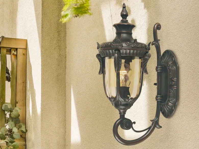 LED Außenwandlaterne im Jugendstil mit Amberglas, stehend Höhe 43cm