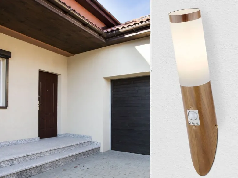 LED Außenwandleuchte in Holzoptik mit Bewegungsmelder, Höhe 40,5cm