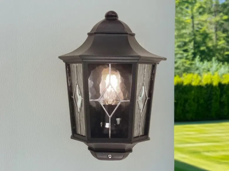 LED Außenwandleuchte Landhausstil Laterne Halbschale mit Bleiglas, Höhe 36cm