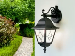 LED Außenwandleuchte Landhausstil Laterne hängend mit Bleiglas, Höhe 45cm