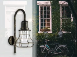 LED Außenwandleuchte Laterne mit Gitter Höhe 30cm, Braun-Gold