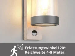 LED Außenwandleuchte Laterne Holzoptik mit Bewegungsmelder, Höhe 33cm