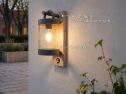 LED Außenwandleuchte Laterne Holzoptik mit Bewegungsmelder, Höhe 33cm
