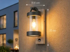 LED Außenwandleuchte Laterne Holzoptik mit Bewegungsmelder, Höhe 33cm