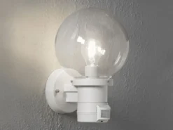 LED Außenwandleuchte mit Bewegungsmelder, Weiß mit Glas Kugel Ø 20cm