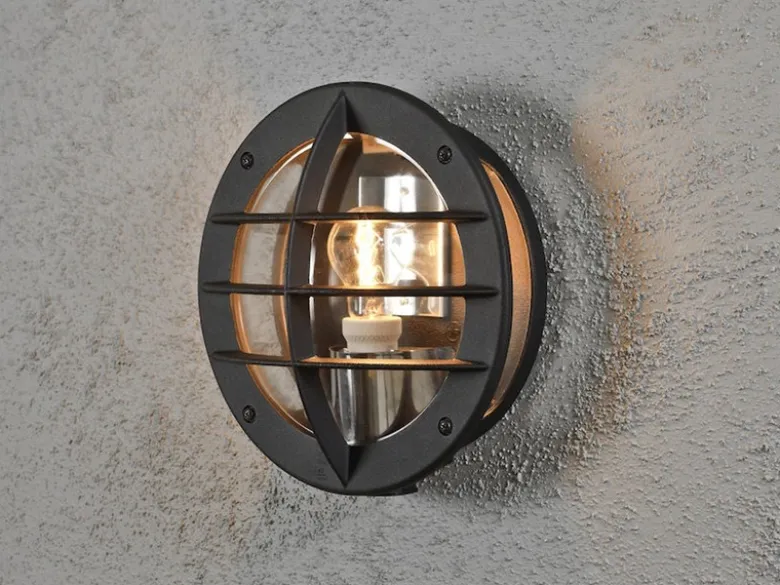 LED Außenwandleuchte mit Steckdose, Alu Schwarz & Klarglas, Ø 31cm