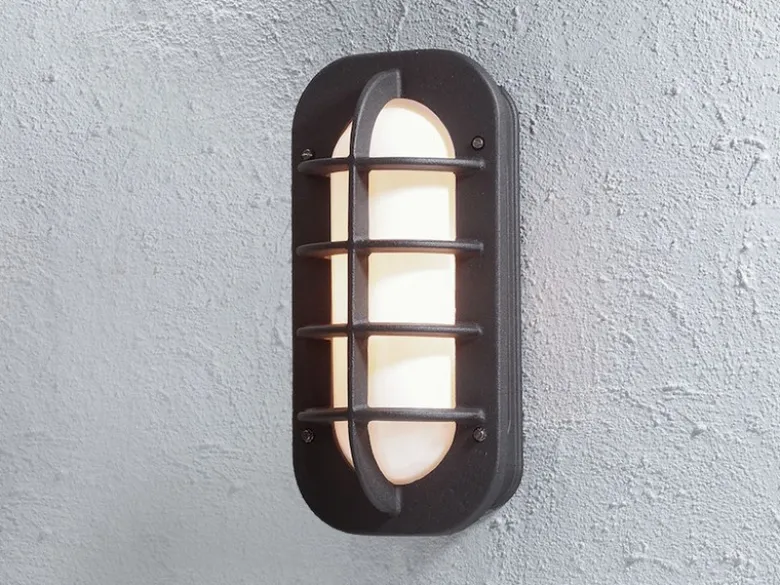 LED Außenwandleuchte mit Steckdose, Alu Schwarz & Opalglas, Höhe 36cm