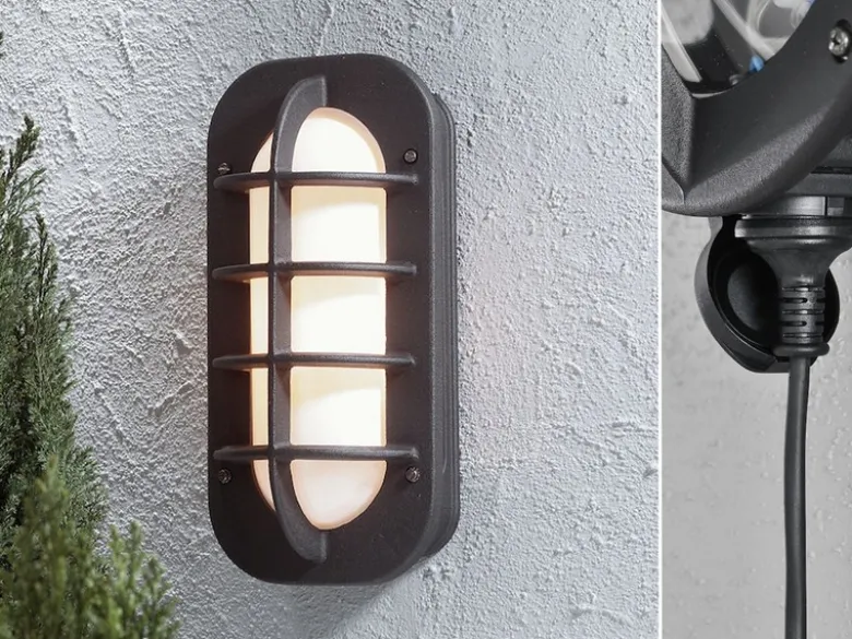 LED Außenwandleuchte mit Steckdose, Alu Schwarz & Opalglas, Höhe 36cm