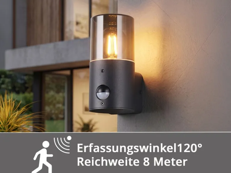LED Außenwandleuchte Schwarz & Rauchfarbig mit Bewegungsmelder, Höhe 17,5cm