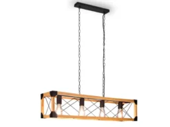LED Balken Pendelleuchte 4 flammig Schwarz mit Holzbalken, Breite 100cm