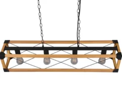 LED Balken Pendelleuchte 4 flammig Schwarz mit Holzbalken, Breite 100cm