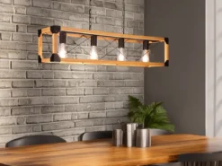 LED Balken Pendelleuchte 4 flammig Schwarz mit Holzbalken, Breite 100cm