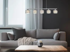 LED Balkenpendelleuchte 5-flammig Lampenschirme Stoff Grau, Breite 92cm