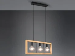 LED Balken Pendelleuchte 3 flammig Schwarz mit Holzbalken, Breite 60cm
