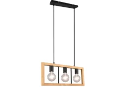 LED Balken Pendelleuchte 3 flammig Schwarz mit Holzbalken, Breite 60cm