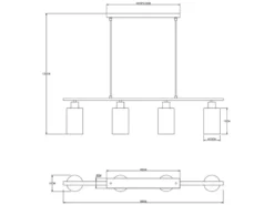 LED Balkenpendelleuchte mit 4 Rauchglas Lampenschirmen, Breite 98cm
