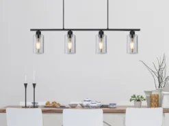 LED Balkenpendelleuchte mit 4 Rauchglas Lampenschirmen, Breite 98cm