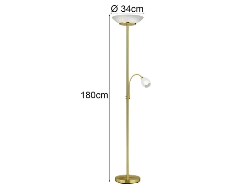 LED Deckenfluter mit Leselampe, Messing & Glasschirme weiß, Höhe 180cm