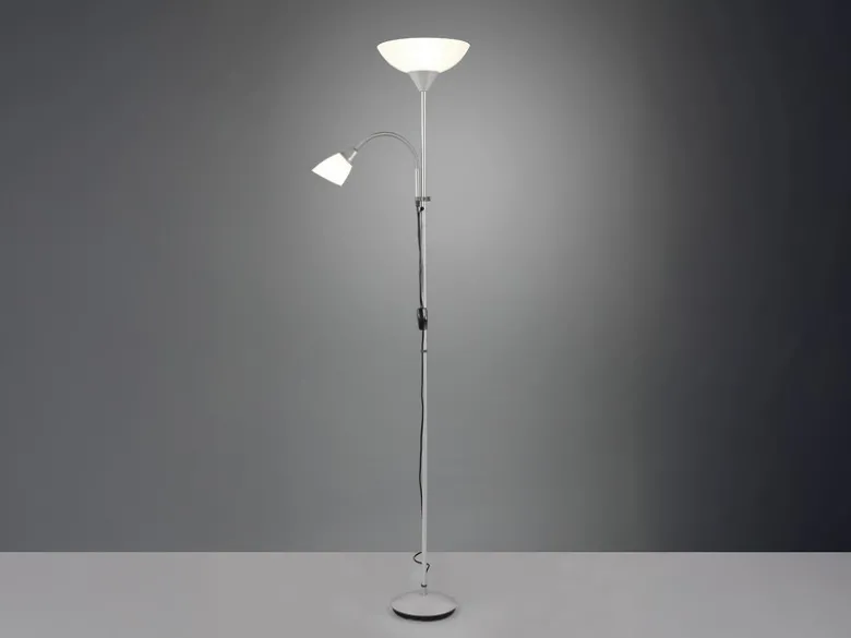 LED Deckenfluter Silber mit flexibler Leselampe, Höhe 180cm