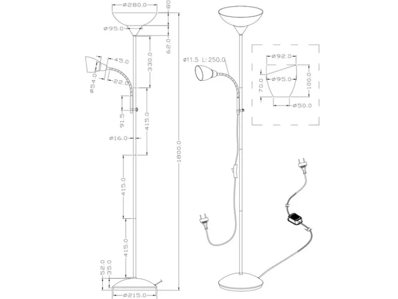 LED Deckenfluter Silber mit flexibler Leselampe, Höhe 180cm